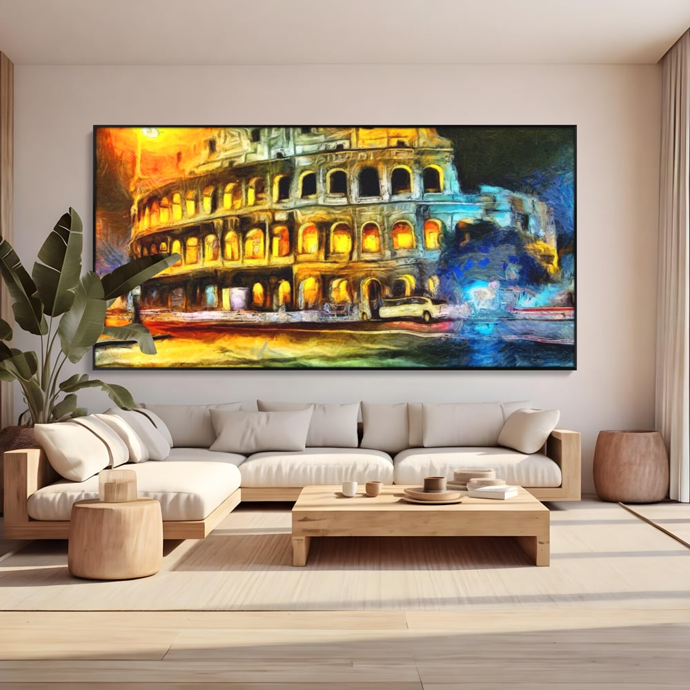 Tablou canvas cu pictura digitala cu colosseumul din roma noaptea, in rama de aluminiu negru, pe perete intr-un living